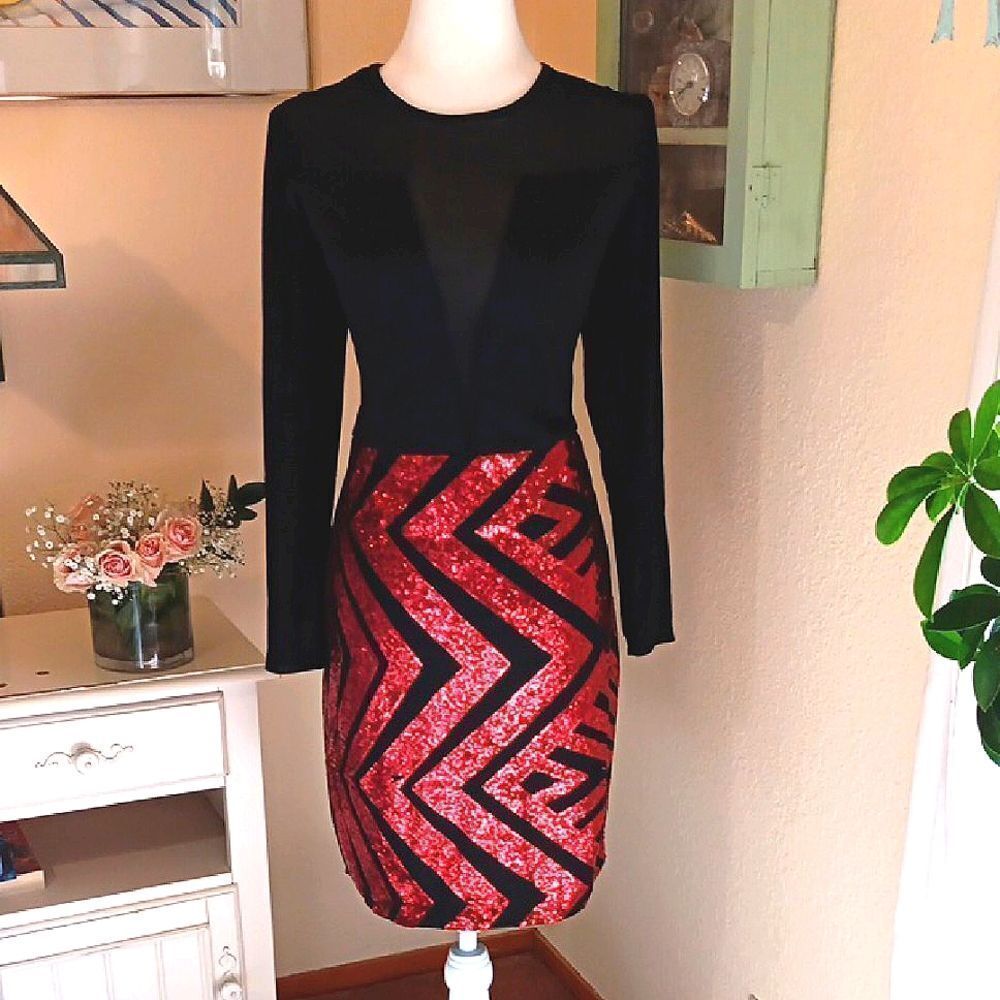 Red Dot Boutique Mesh Sequins Black and Red Sequin Dress. Cocktail. Whimsigoth.